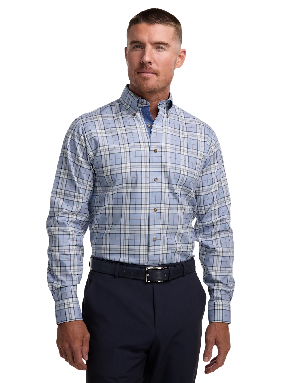 Non-Iron Cotton Plaid Dress Shirt With Contrast Trim - Blue - Image 2