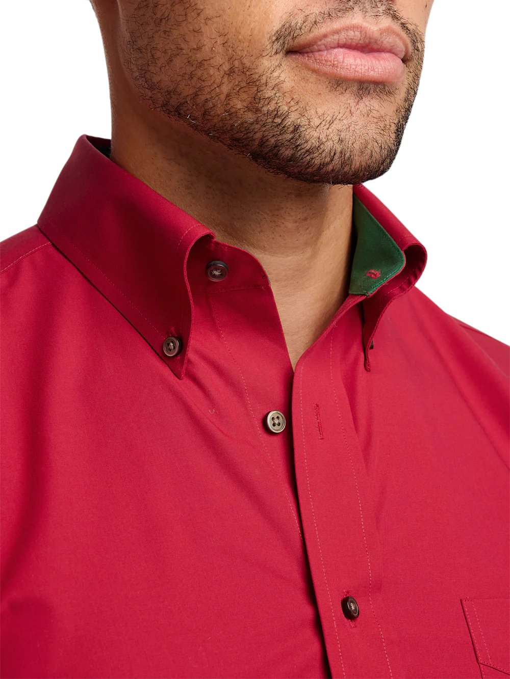 Non-Iron Cotton Solid Dress Shirt With Contrast Trim - Red - Image 3