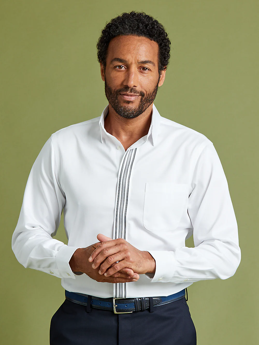 Non-Iron Cotton Solid Dress Shirt With Contrast Trim - White/black - Image 8