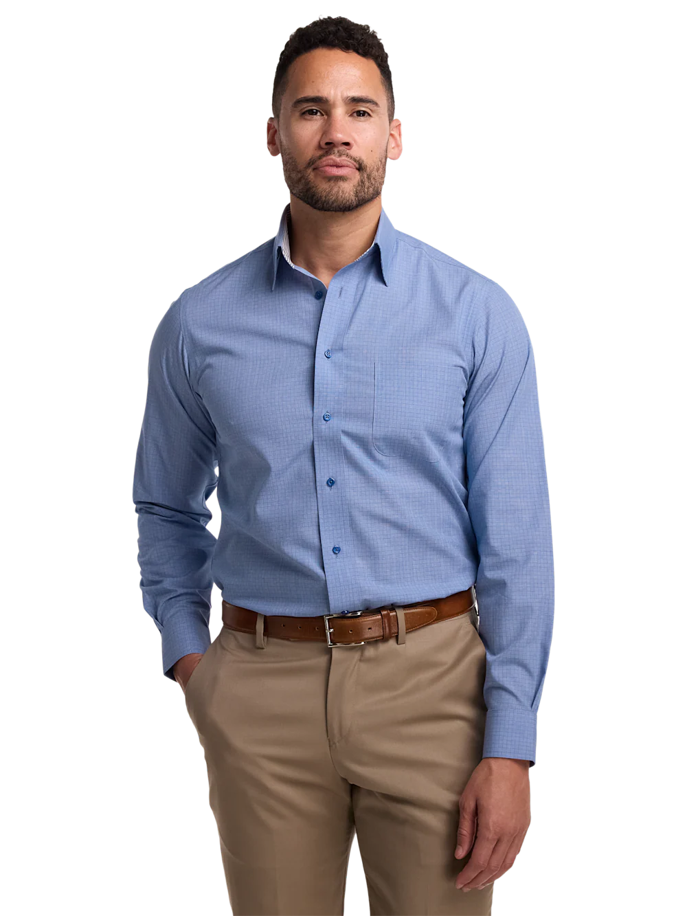 Non-Iron Cotton Solid Dress Shirt With Contrast Trim - Blue - Image 2