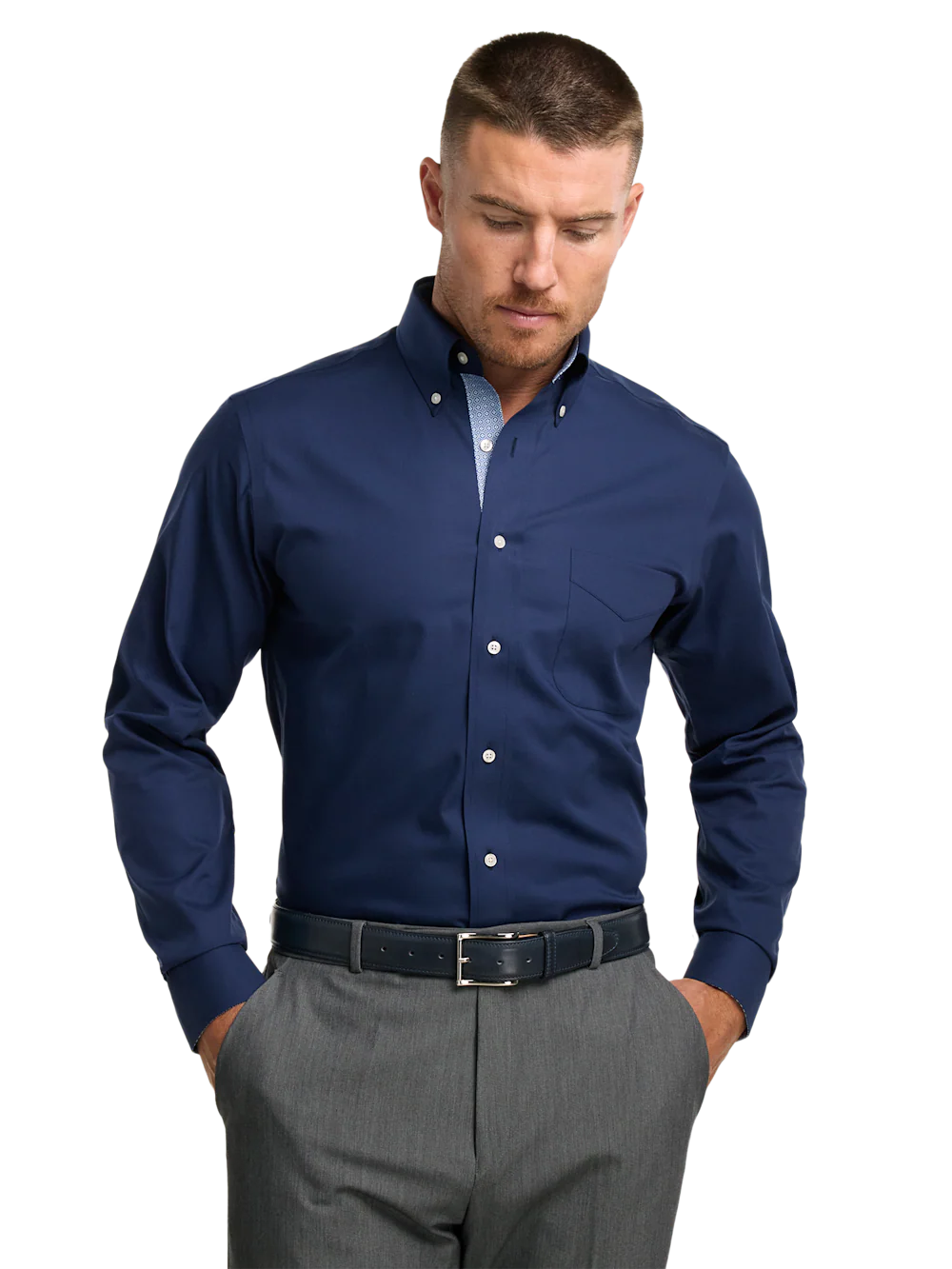 Non-Iron Cotton Solid Dress Shirt With Contrast Trim - Navy - Image 2