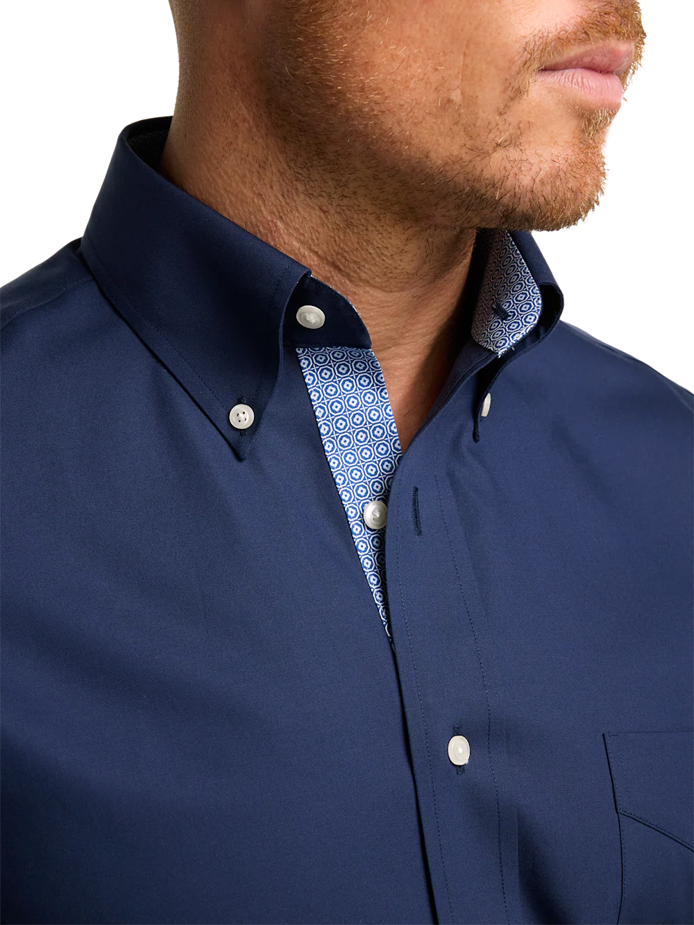 Non-Iron Cotton Solid Dress Shirt With Contrast Trim - Navy - Image 3