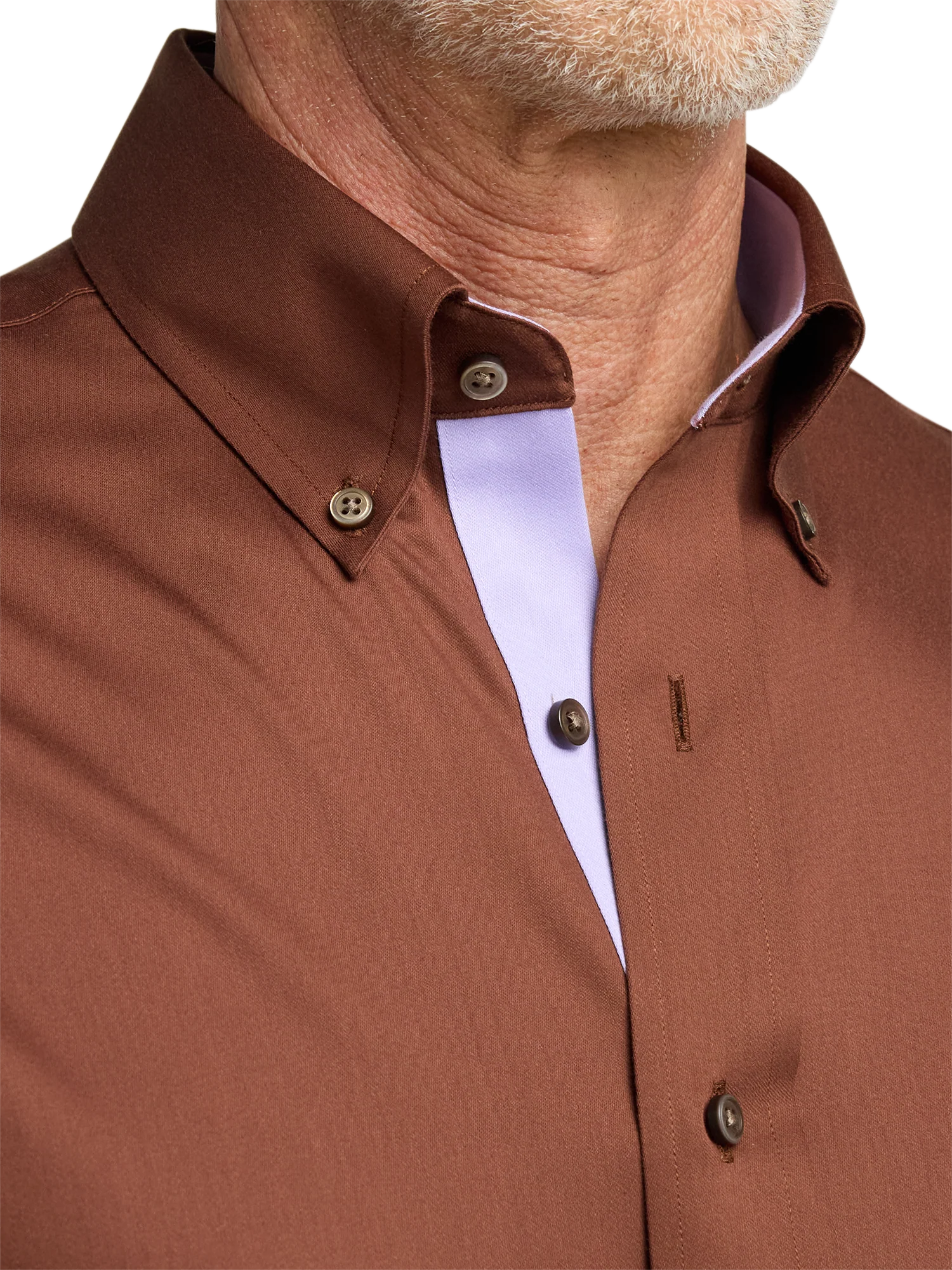 Non-Iron Cotton Solid Dress Shirt With Contrast Trim - Brown - Image 3