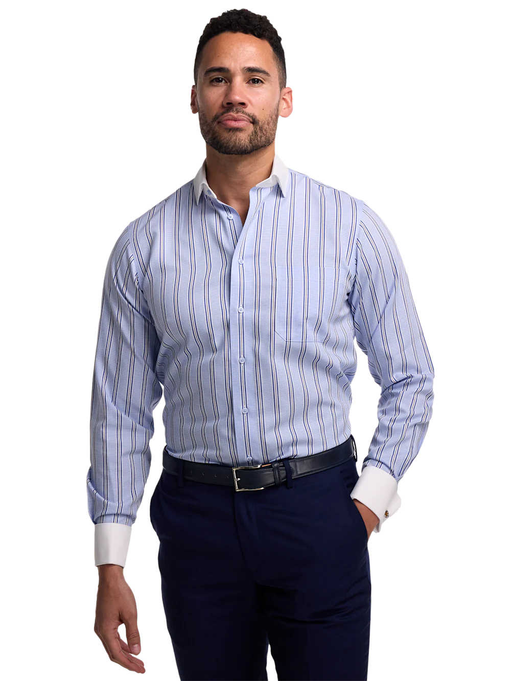 Non-Iron Cotton Stripe Dress Shirt - Blue - Image 2