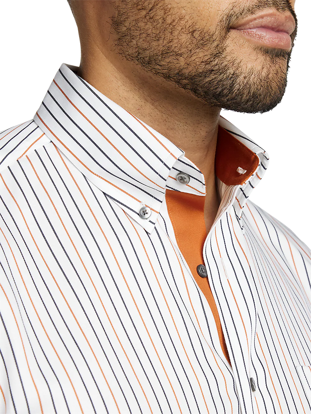 Non-Iron Cotton Stripe Dress Shirt With Contrast Trim - White/rust - Image 3