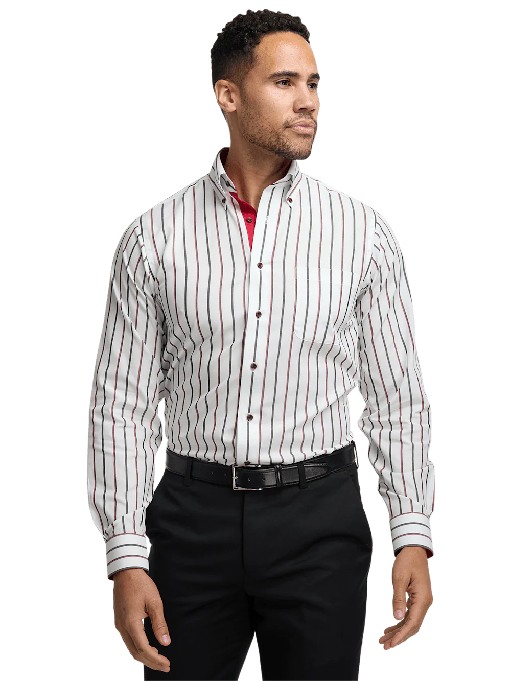 Non-Iron Cotton Stripe Dress Shirt With Contrast Trim - Black/red - Image 2