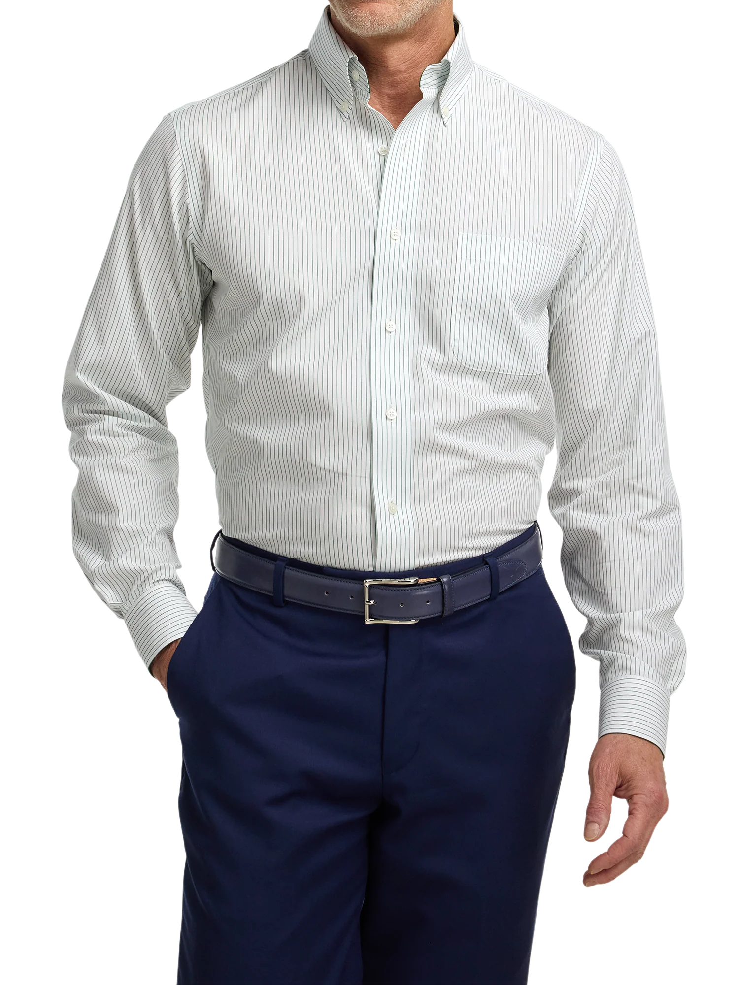 Non-Iron Cotton Stripe Dress Shirt With Contrast Trim - Green - Image 2