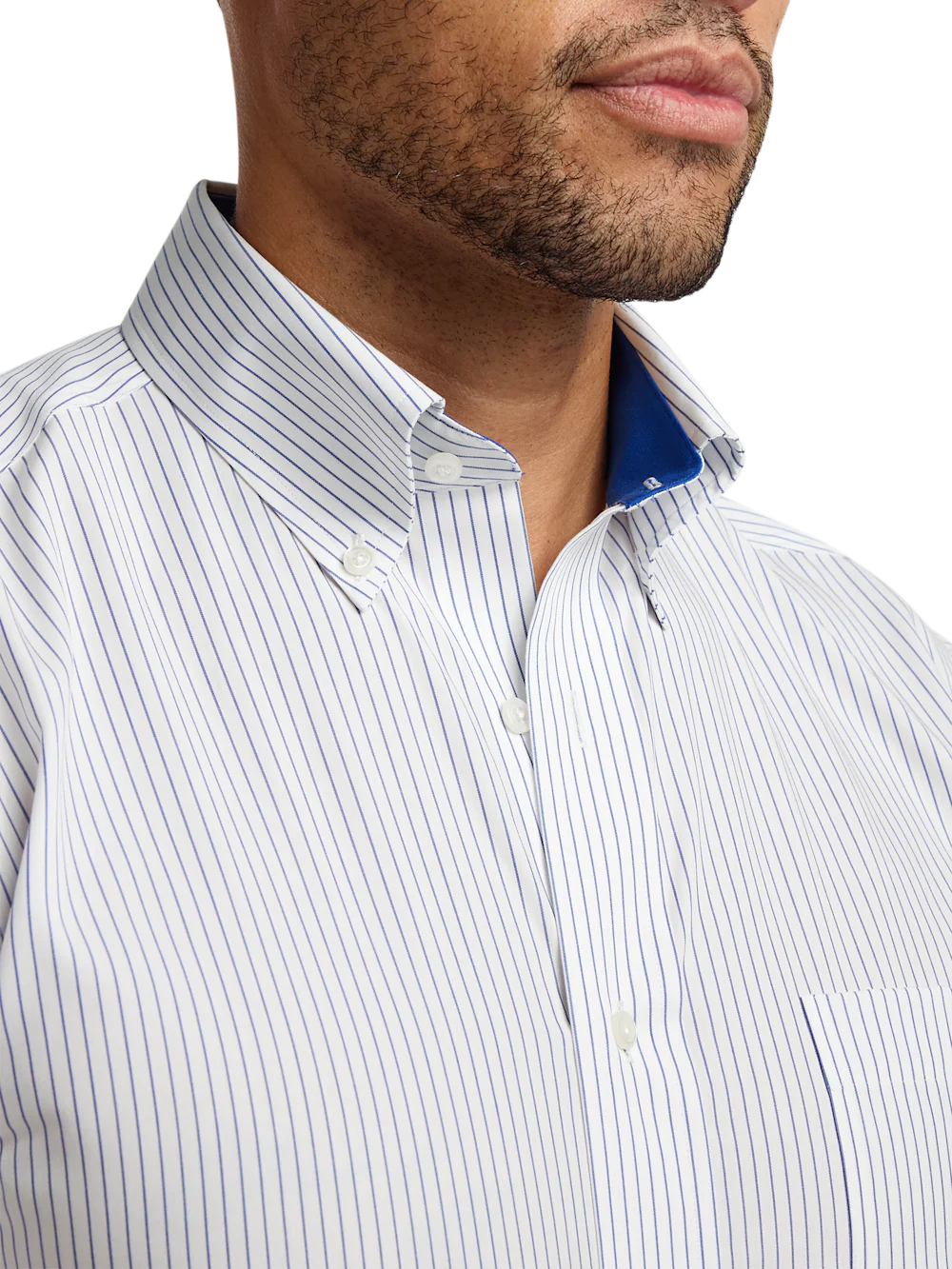 Non-Iron Cotton Stripe Dress Shirt With Contrast Trim - Cobalt - Image 3