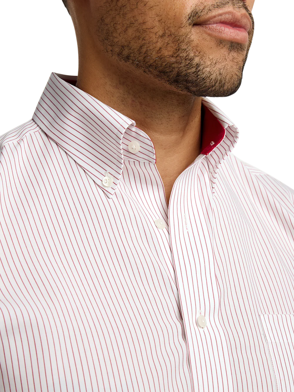 Non-Iron Cotton Stripe Dress Shirt With Contrast Trim - Red - Image 3