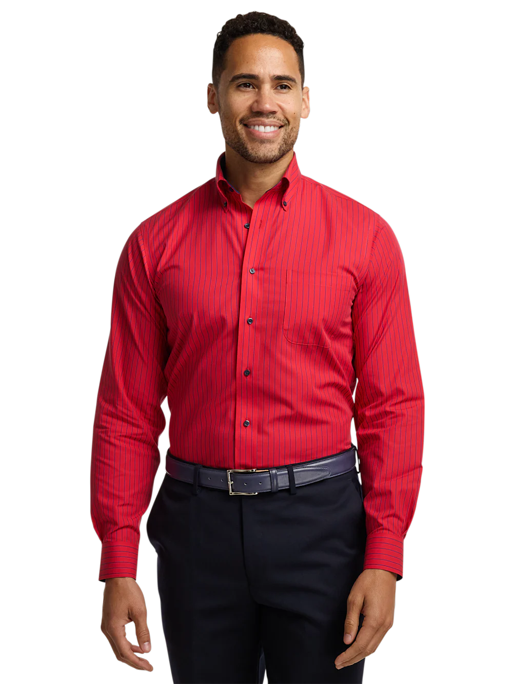 Non-Iron Cotton Stripe Dress Shirt With Contrast Trim - Red - Image 2