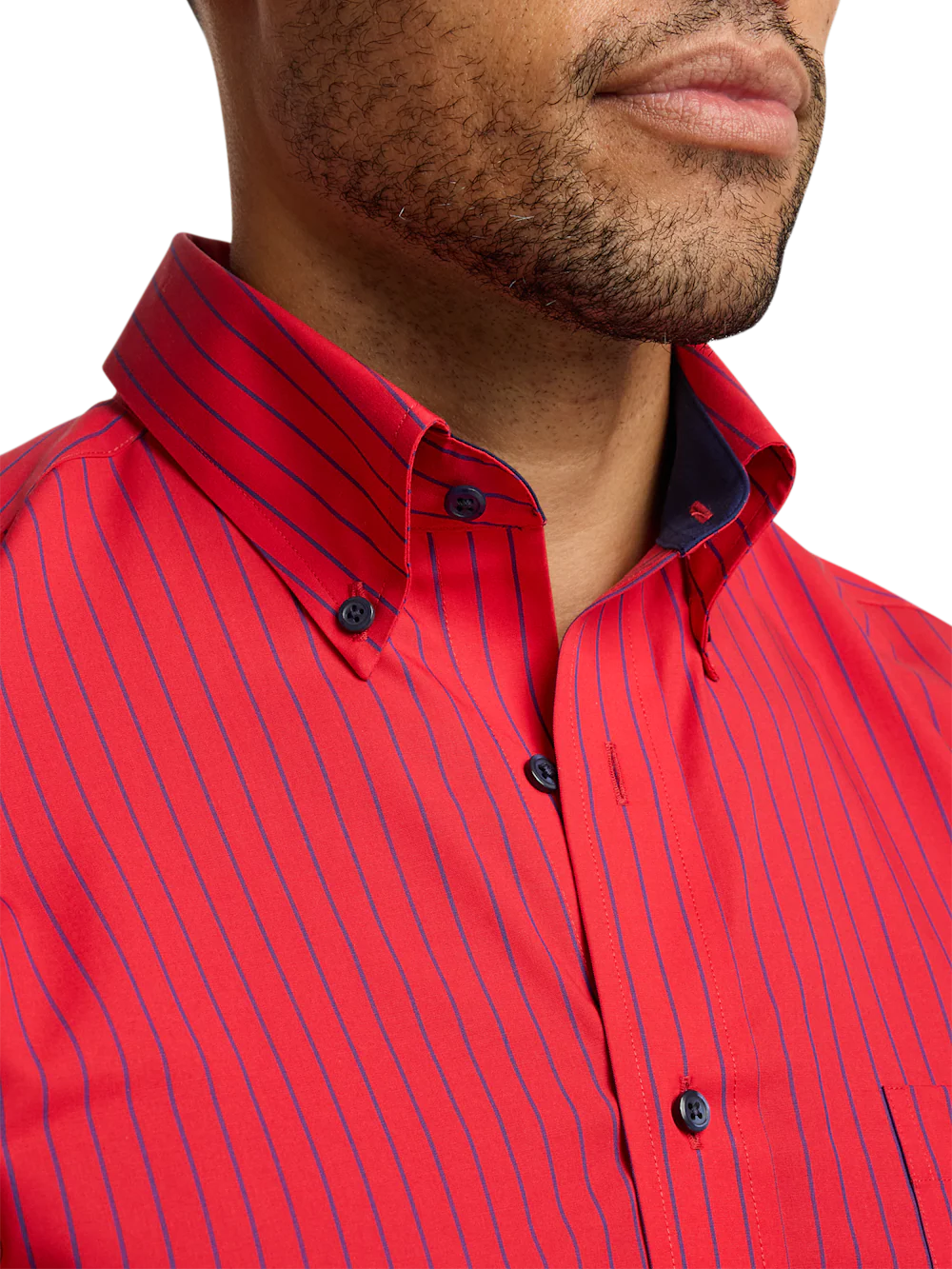 Non-Iron Cotton Stripe Dress Shirt With Contrast Trim - Red - Image 3