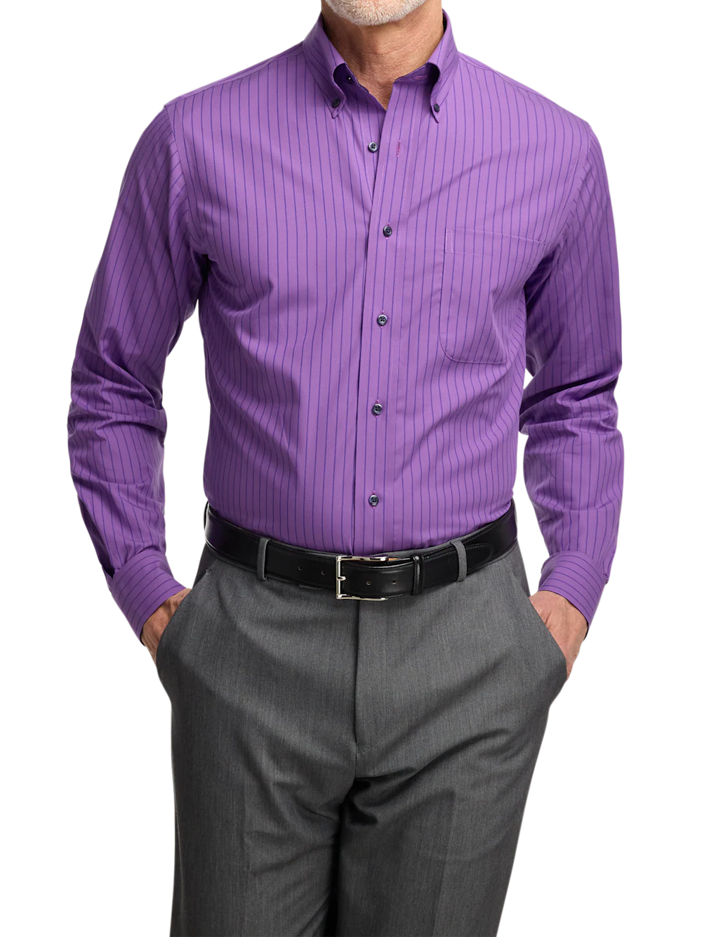 Non-Iron Cotton Stripe Dress Shirt With Contrast Trim - Purple - Image 2