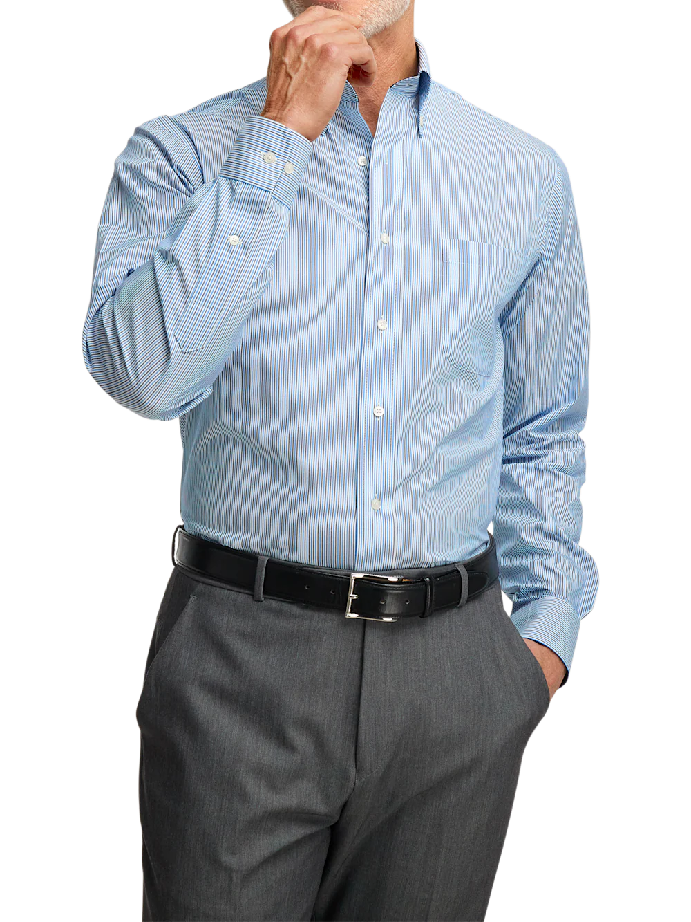 Non-Iron Cotton Stripe Dress Shirt With Contrast Trim - Blue - Image 2
