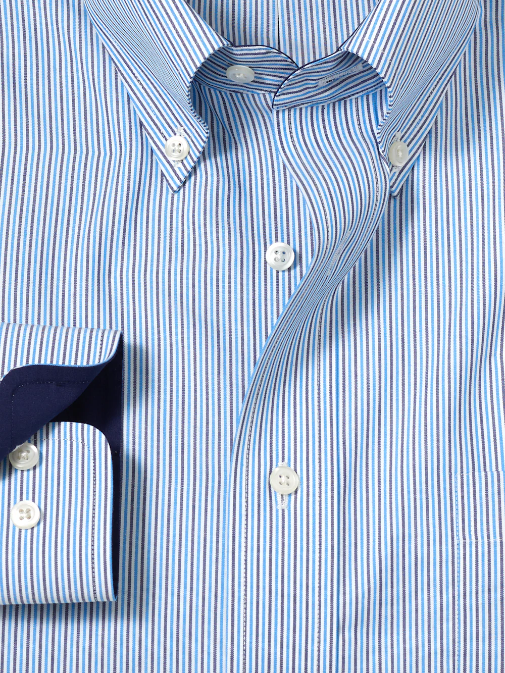 Non-Iron Cotton Stripe Dress Shirt With Contrast Trim - Blue - Image 6