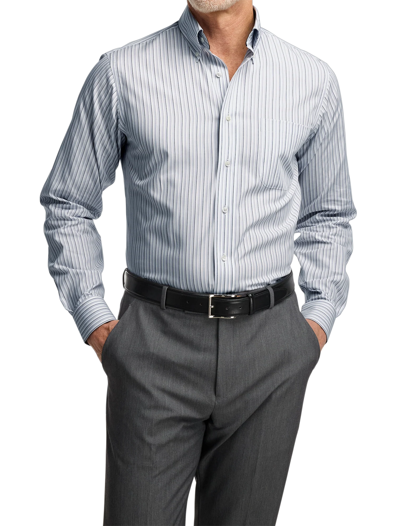 Non-Iron Cotton Stripe Dress Shirt With Contrast Trim - Grey/white - Image 2