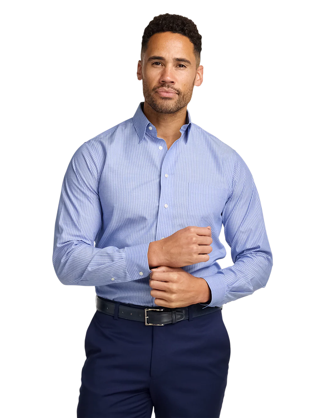 Non-Iron Cotton Stripe Dress Shirt With Contrast Trim - Blue - Image 2