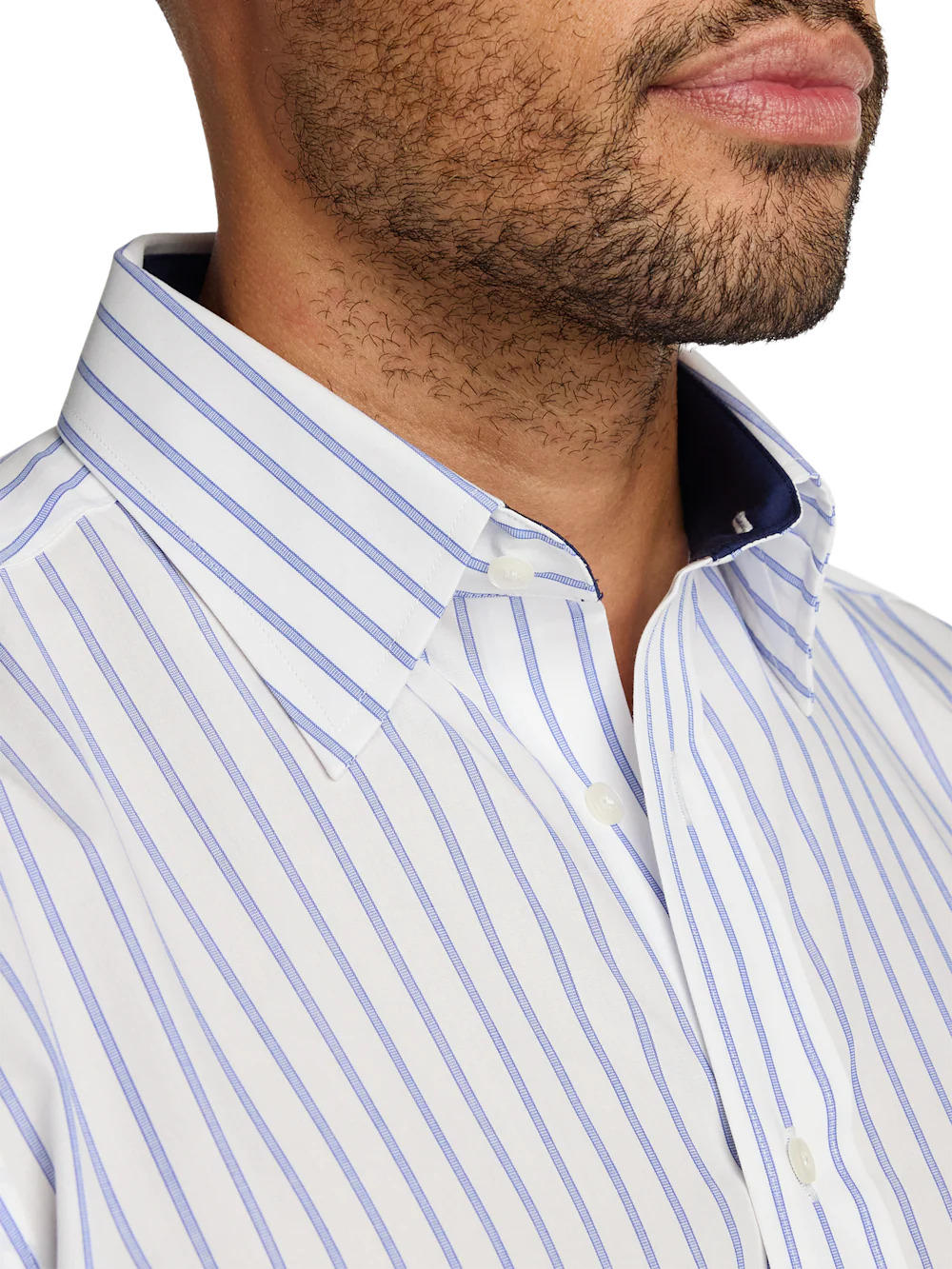 Non-Iron Cotton Stripe Dress Shirt With Contrast Trim - Blue - Image 3