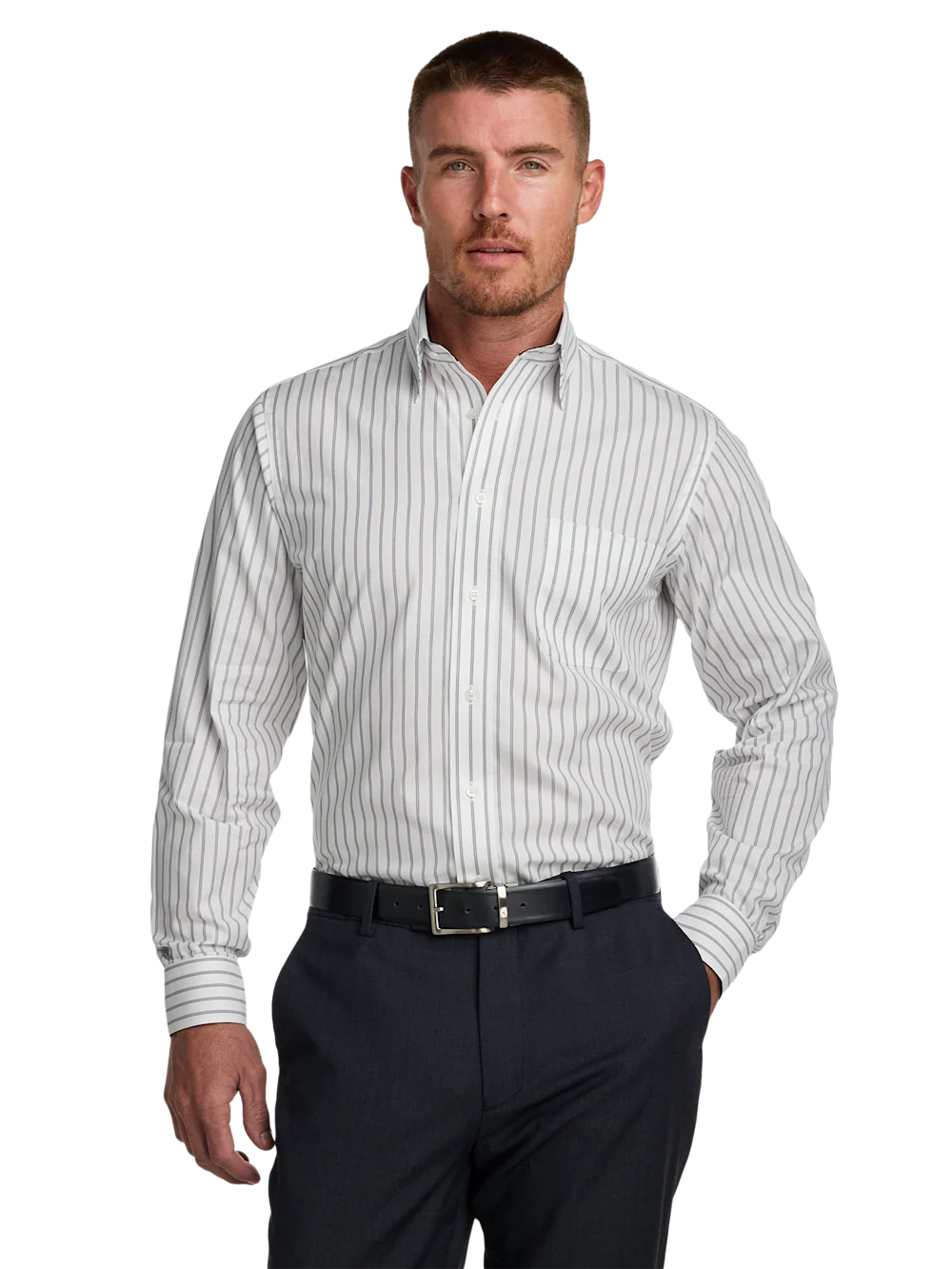 Non-Iron Cotton Stripe Dress Shirt With Contrast Trim - Black - Image 2