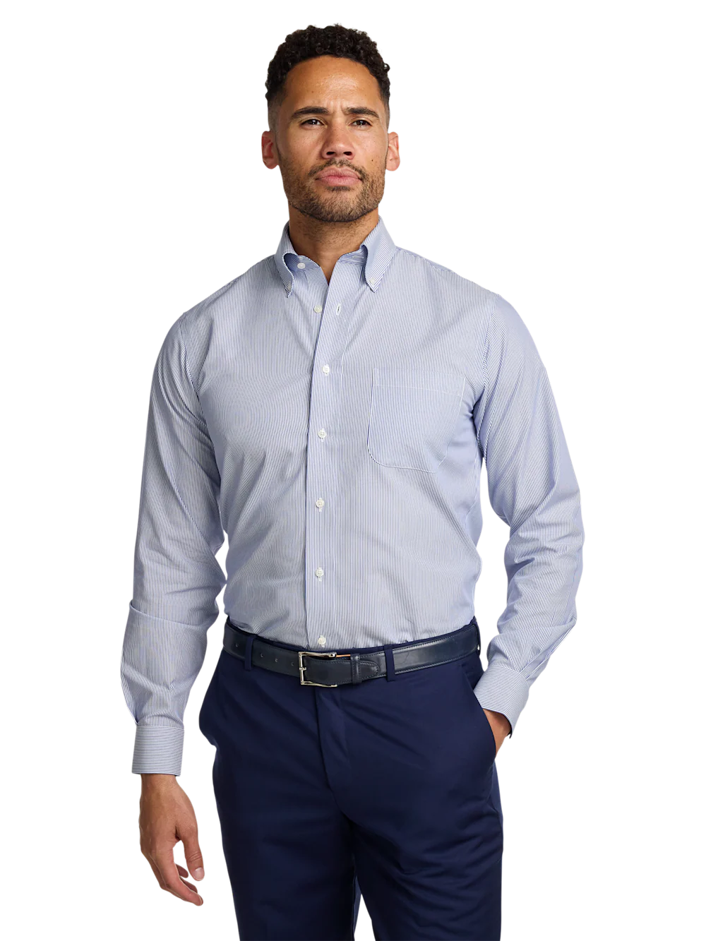 Non-Iron Cotton Stripe Dress Shirt With Contrast Trim - Blue - Image 2