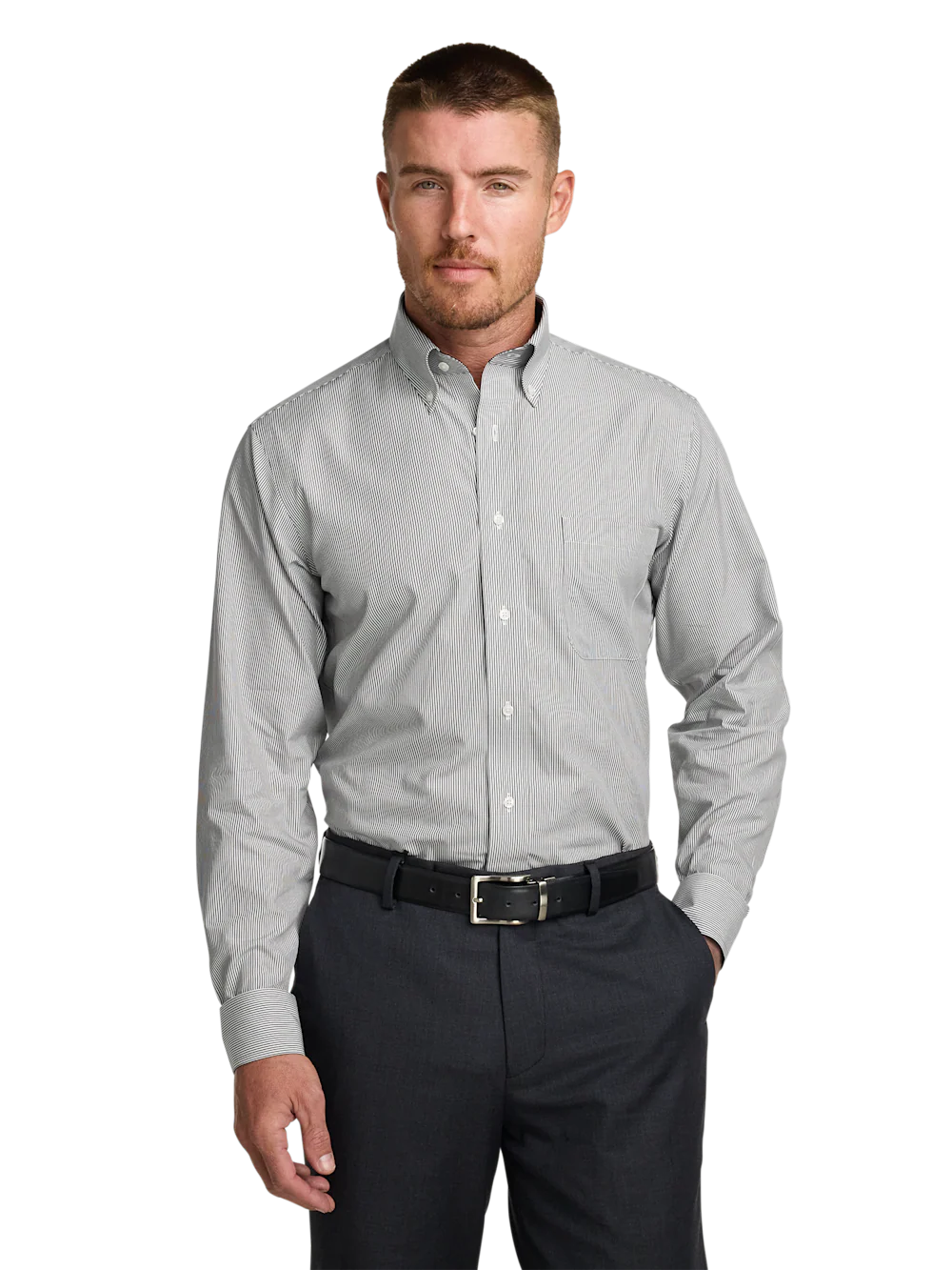 Non-Iron Cotton Stripe Dress Shirt With Contrast Trim - Black - Image 2