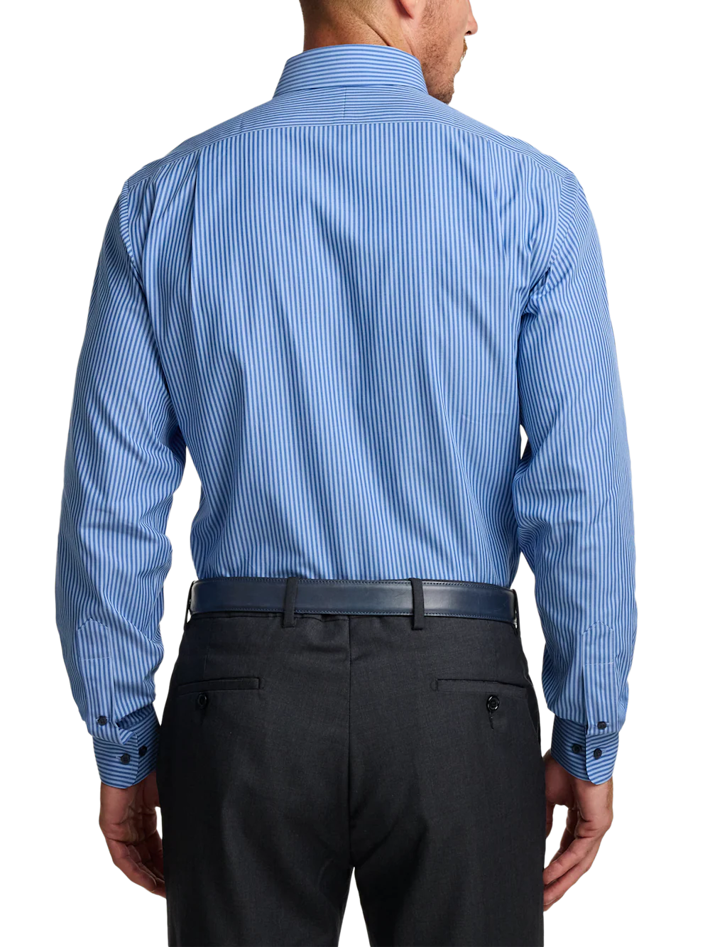 Non-Iron Cotton Stripe Dress Shirt With Contrast Trim - Blue - Image 5