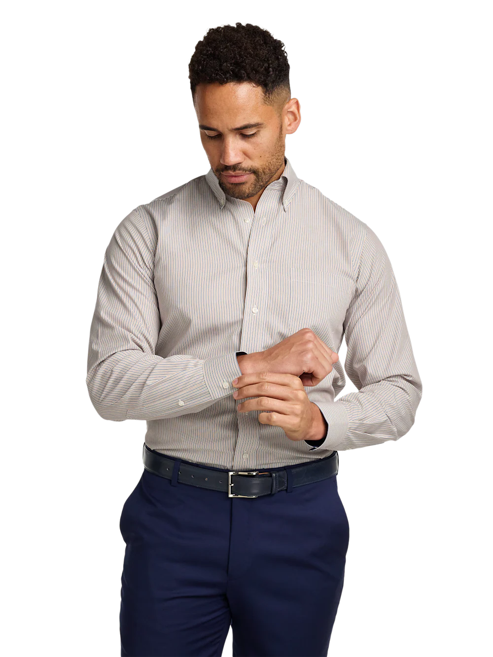 Non-Iron Cotton Stripe Dress Shirt With Contrast Trim - Tan - Image 2