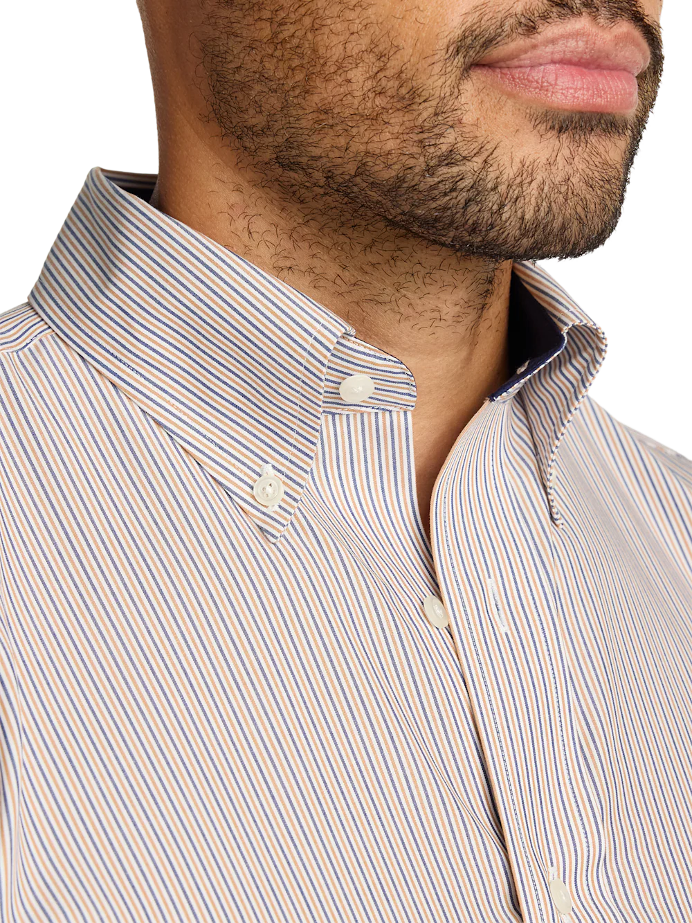 Non-Iron Cotton Stripe Dress Shirt With Contrast Trim - Tan - Image 3