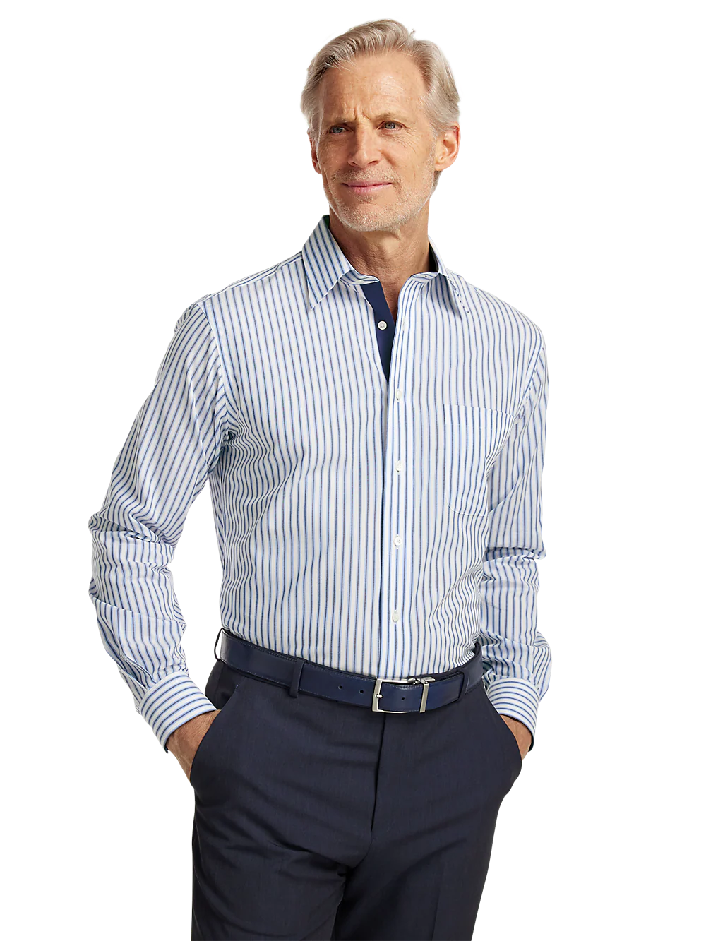 Non-Iron Cotton Stripe Dress Shirt With Contrast Trim - Blue - Image 2