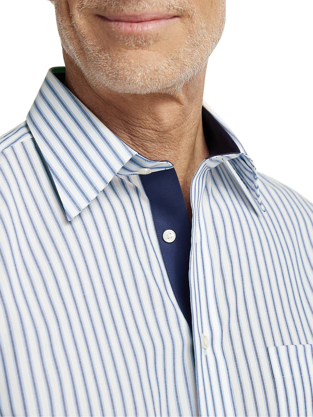 Non-Iron Cotton Stripe Dress Shirt With Contrast Trim - Blue - Image 3