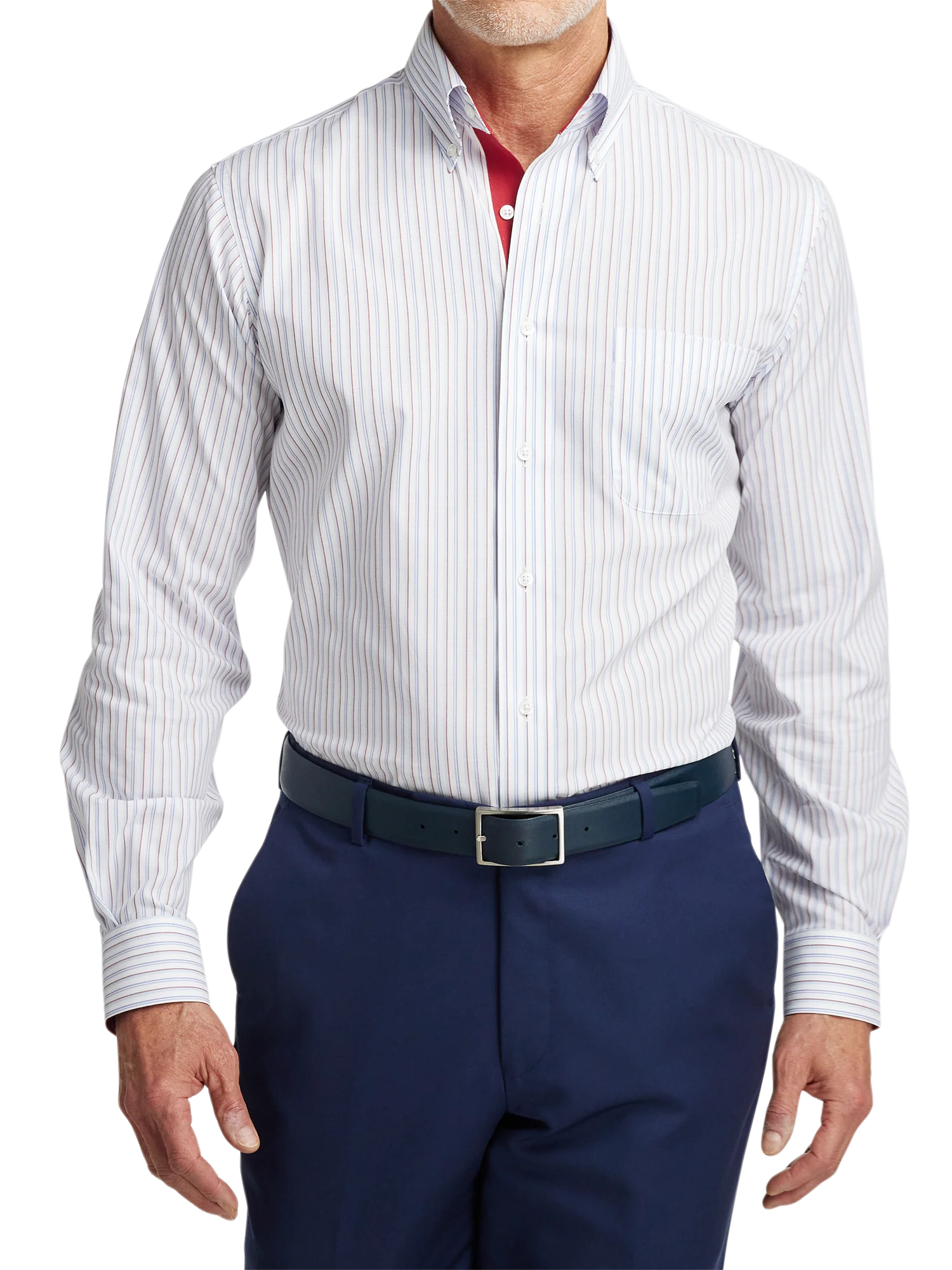 Non-Iron Cotton Stripe Dress Shirt With Contrast Trim - Blue/red - Image 2