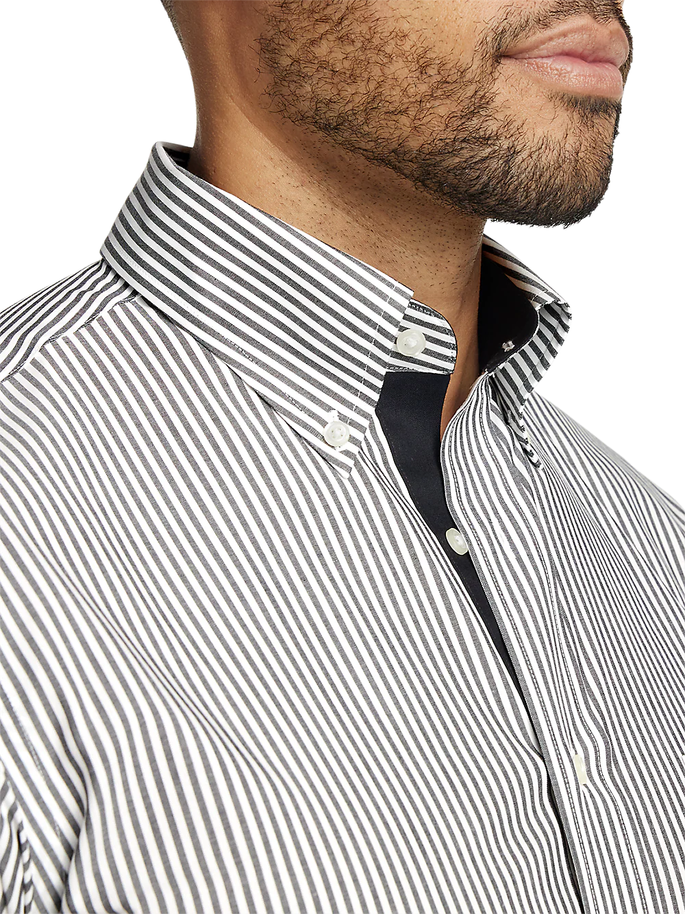 Non-Iron Cotton Stripe Dress Shirt With Contrast Trim - Black - Image 3