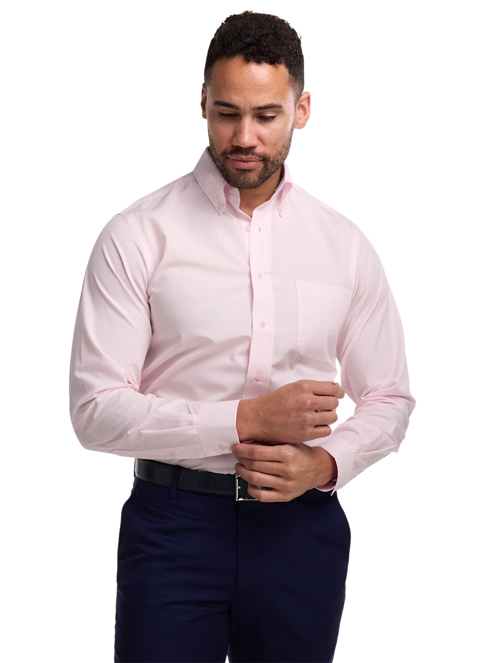 Non-Iron Cotton Stripe Dress Shirt With Contrast Trim - Pink - Image 2