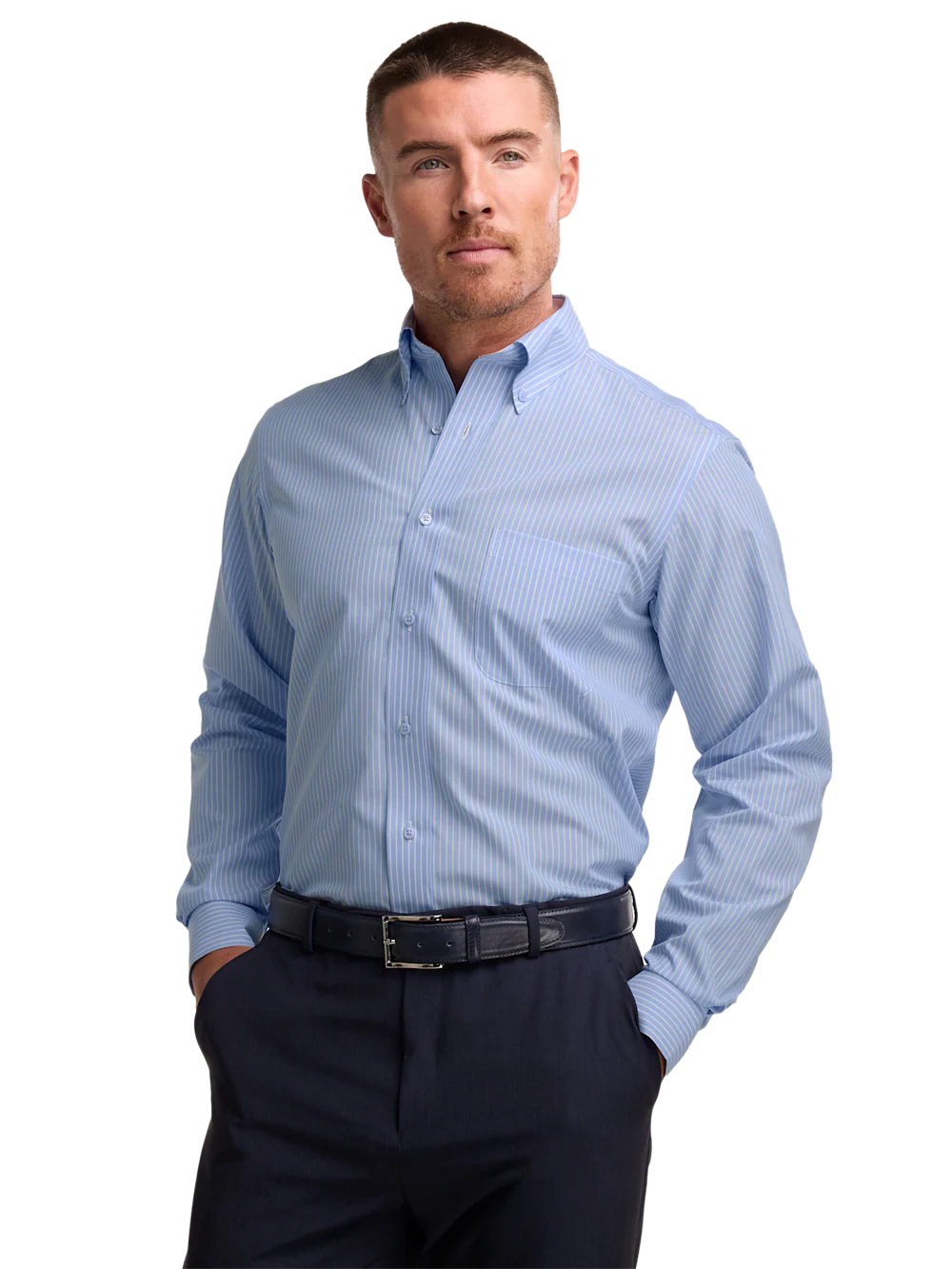 Non-Iron Cotton Stripe Dress Shirt With Contrast Trim - Blue - Image 2