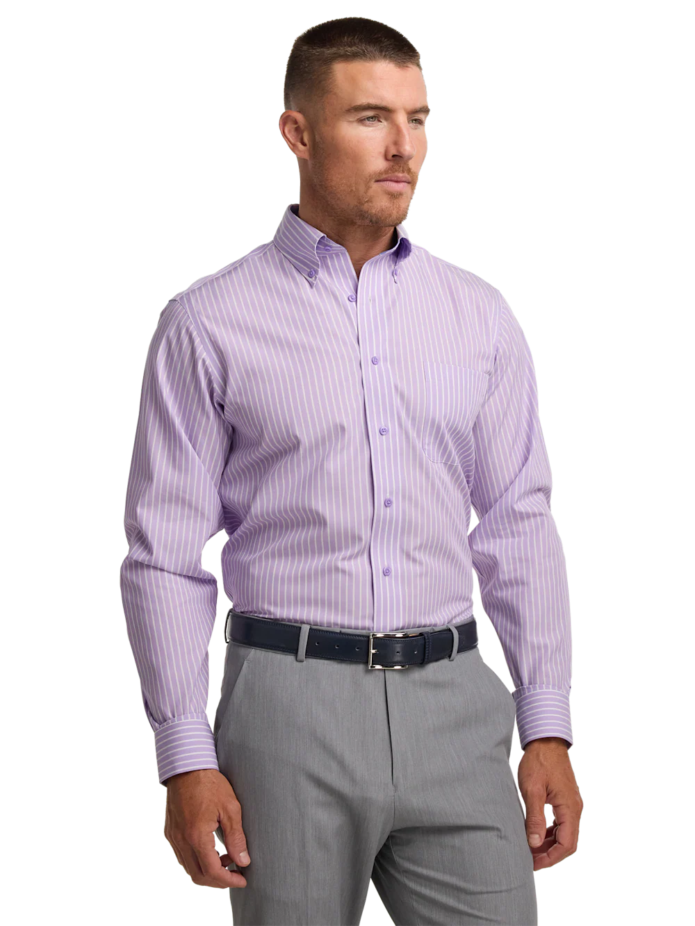 Non-Iron Cotton Stripe Dress Shirt With Contrast Trim - Purple - Image 2