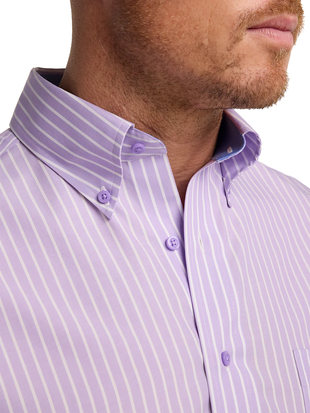 Non-Iron Cotton Stripe Dress Shirt With Contrast Trim - Purple - Image 3