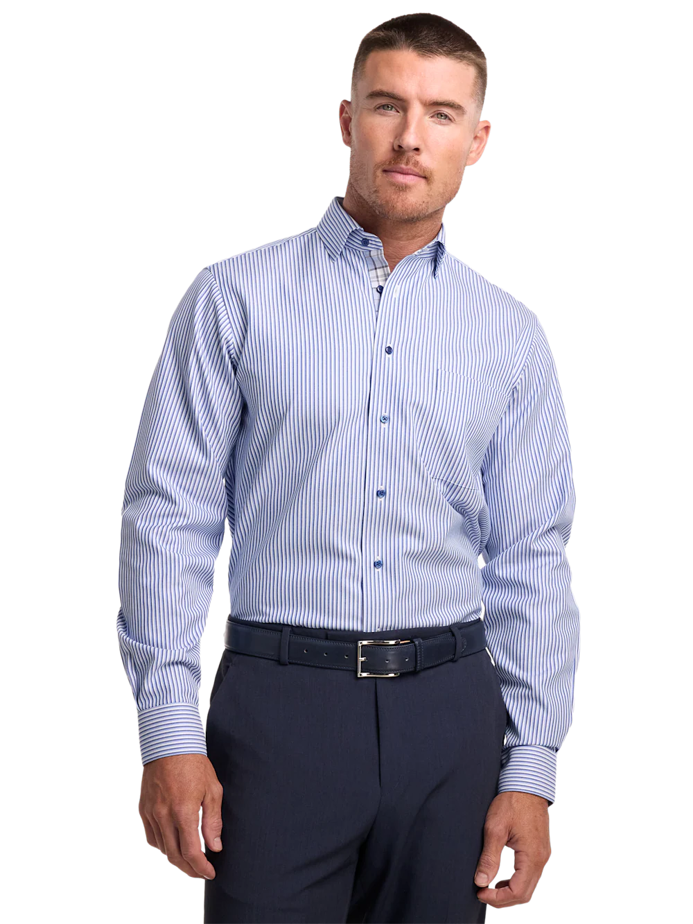Non-Iron Cotton Stripe Dress Shirt With Contrast Trim - Blue - Image 2
