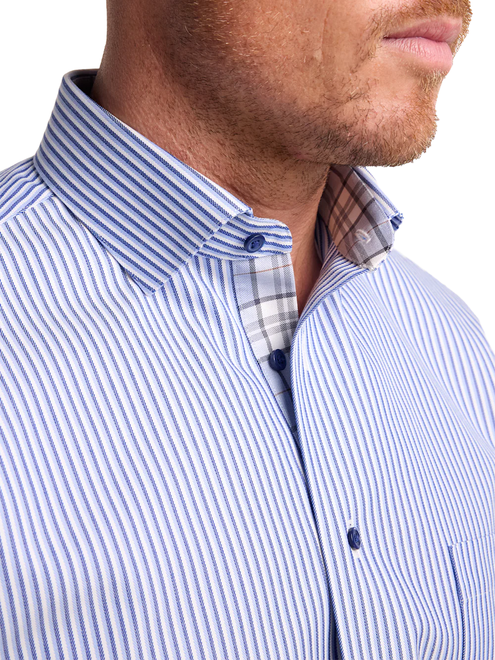 Non-Iron Cotton Stripe Dress Shirt With Contrast Trim - Blue - Image 3