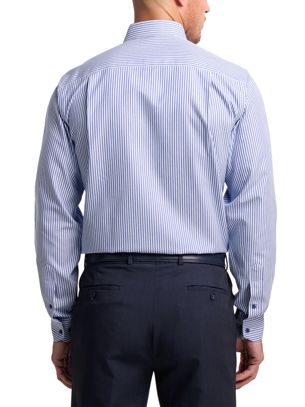 Non-Iron Cotton Stripe Dress Shirt With Contrast Trim - Blue - Image 5