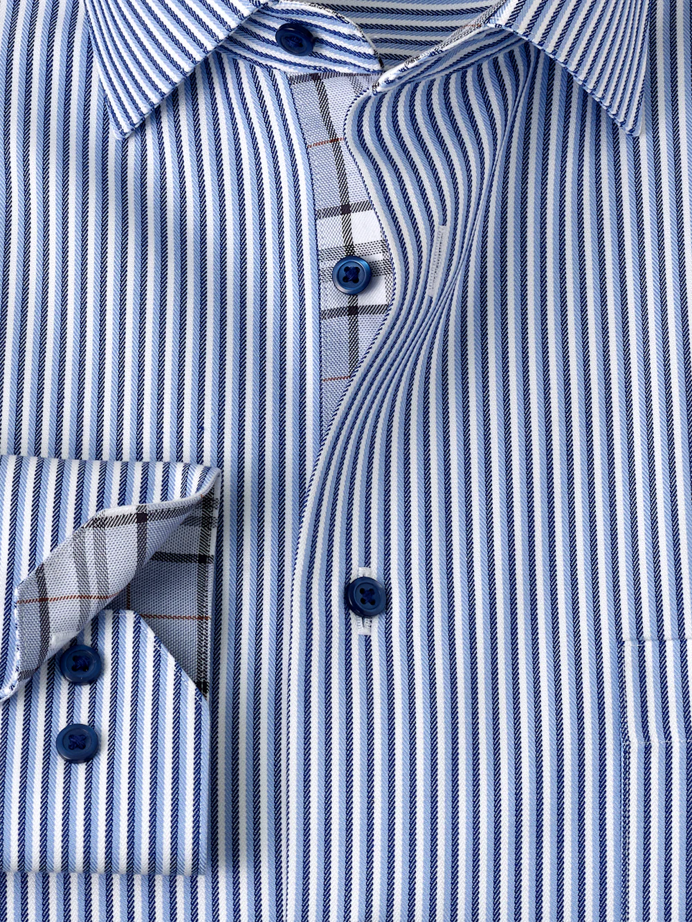 Non-Iron Cotton Stripe Dress Shirt With Contrast Trim - Blue - Image 6