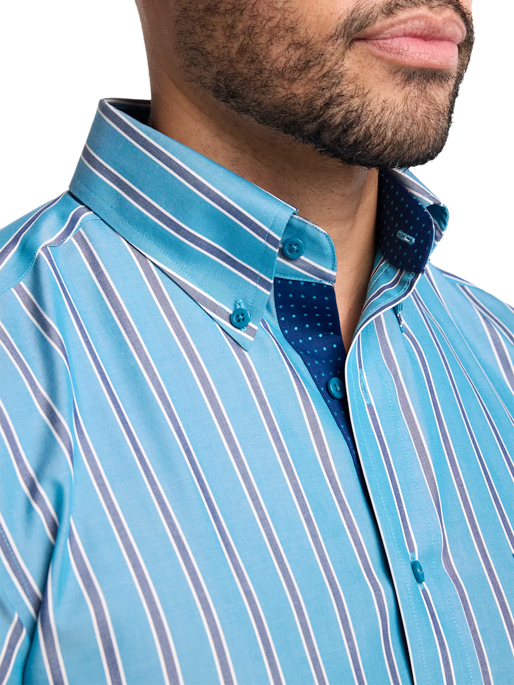 Non-Iron Cotton Stripe Dress Shirt With Contrast Trim - Teal - Image 3