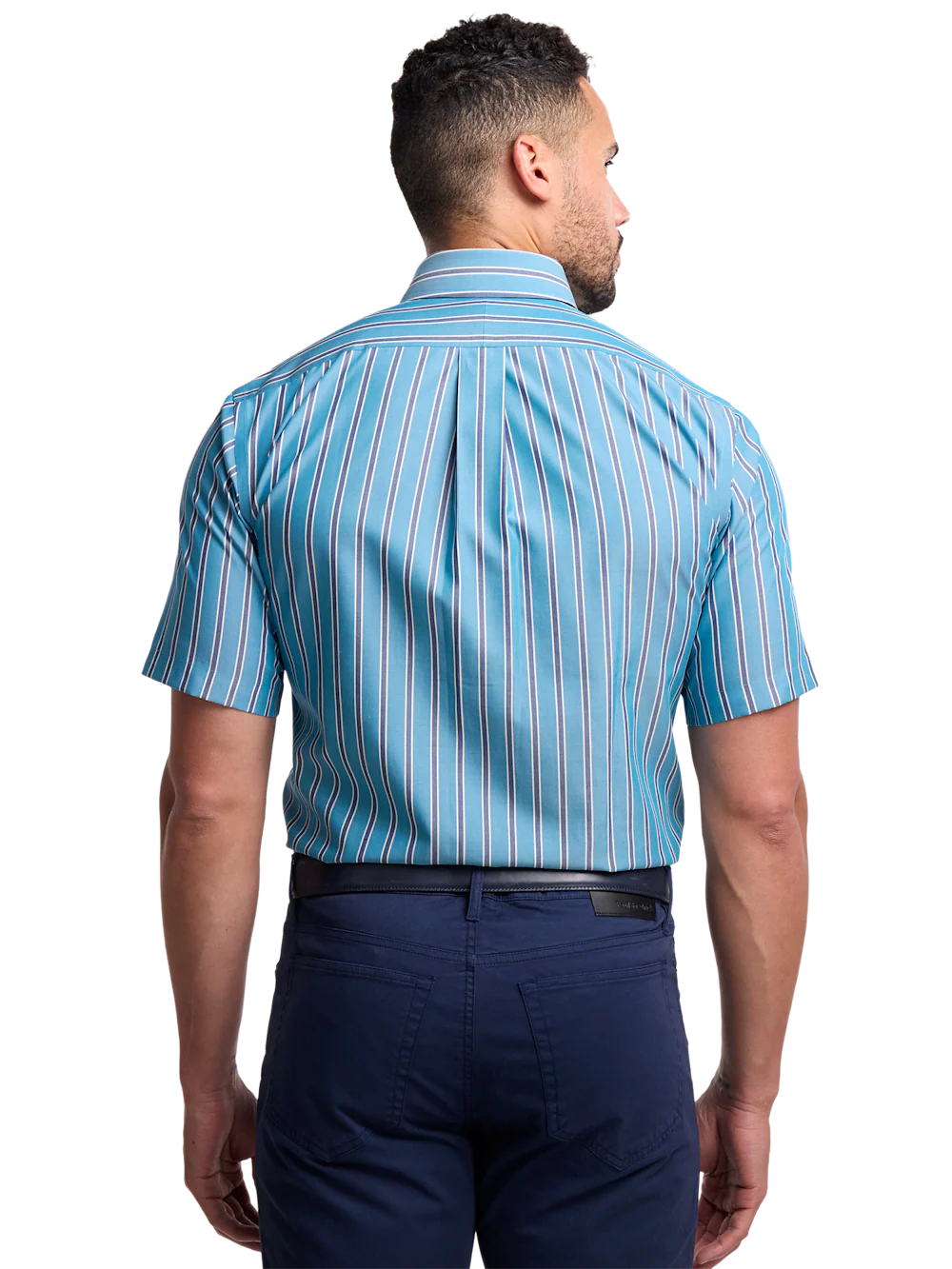 Non-Iron Cotton Stripe Dress Shirt With Contrast Trim - Teal - Image 5