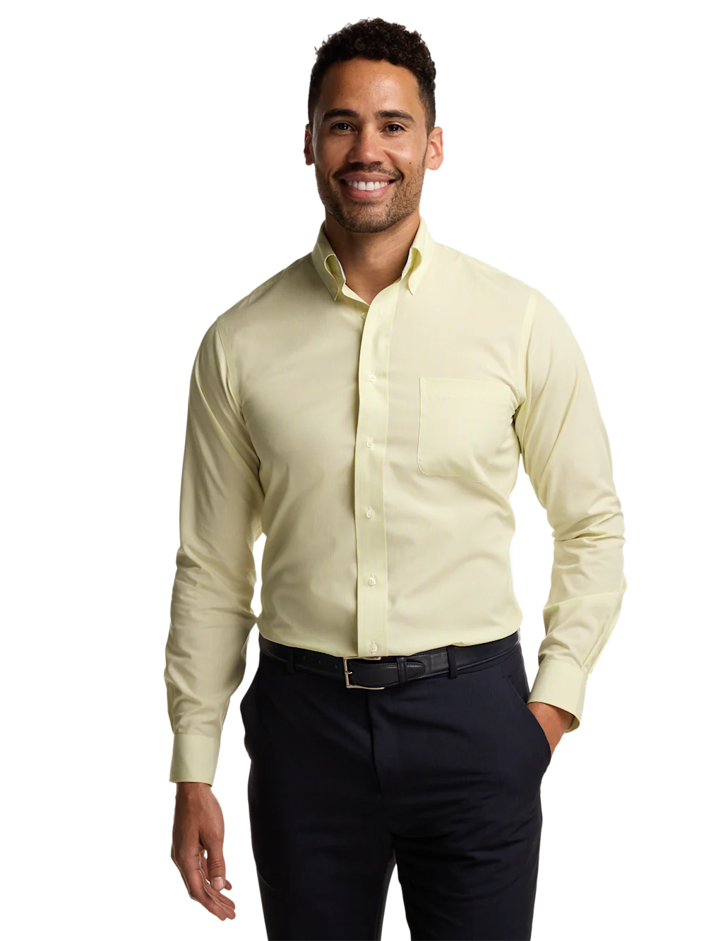 Non-Iron Cotton Stripe Dress Shirt With Contrast Trim - Yellow/blue - Image 2