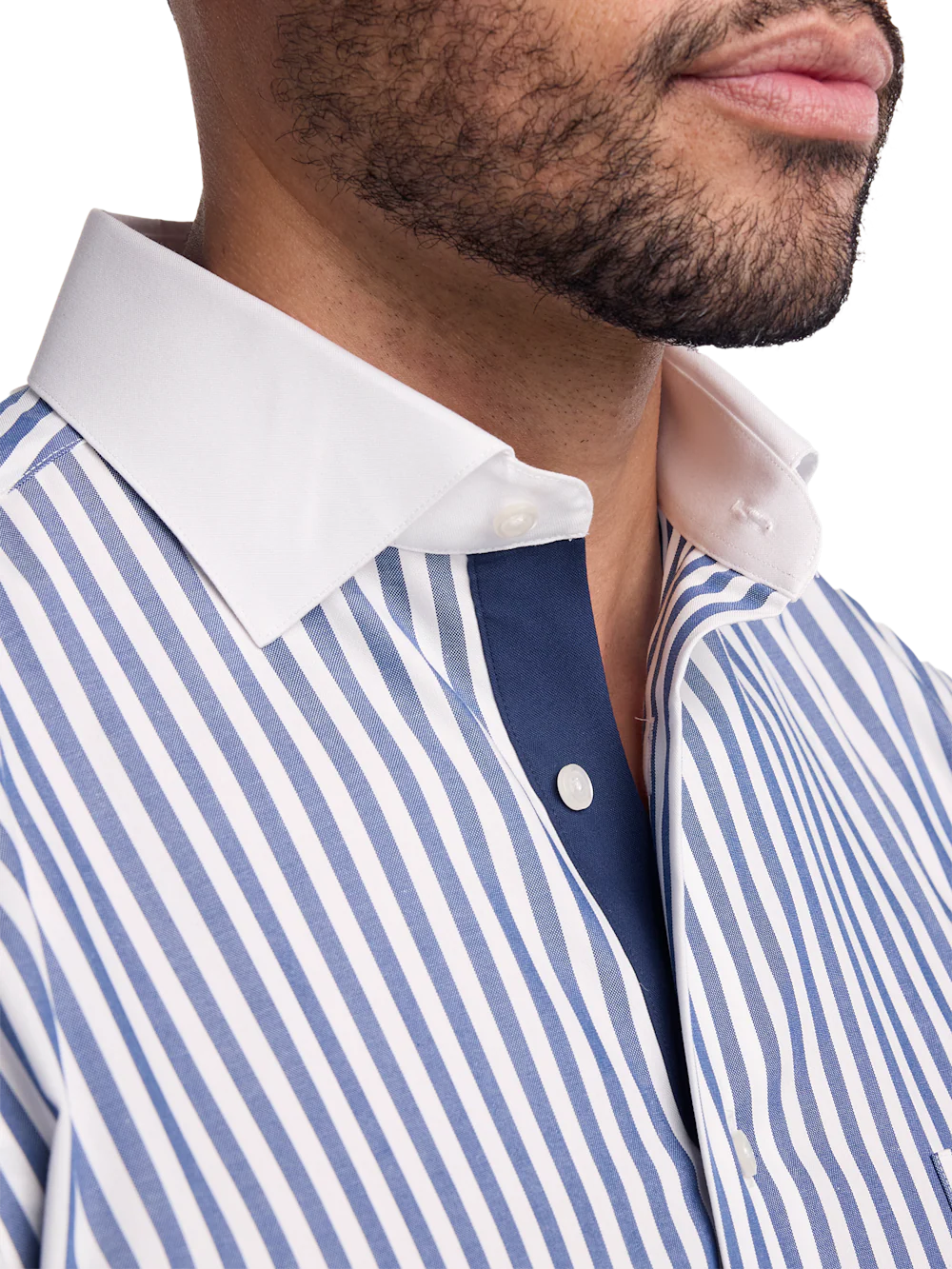 Non-Iron Cotton Stripe Dress Shirt With Contrast Trim - Navy - Image 3