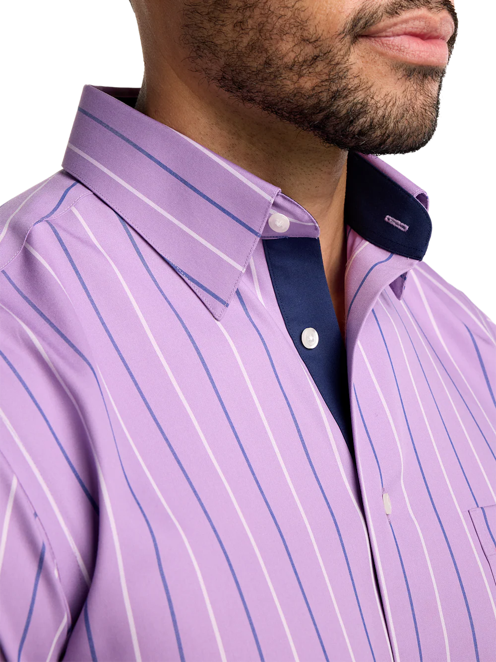 Non-Iron Cotton Stripe Dress Shirt With Contrast Trim - Purple - Image 3