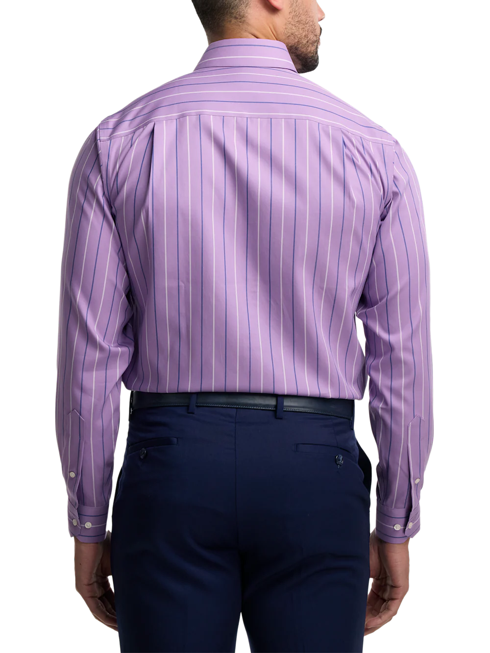 Non-Iron Cotton Stripe Dress Shirt With Contrast Trim - Purple - Image 5