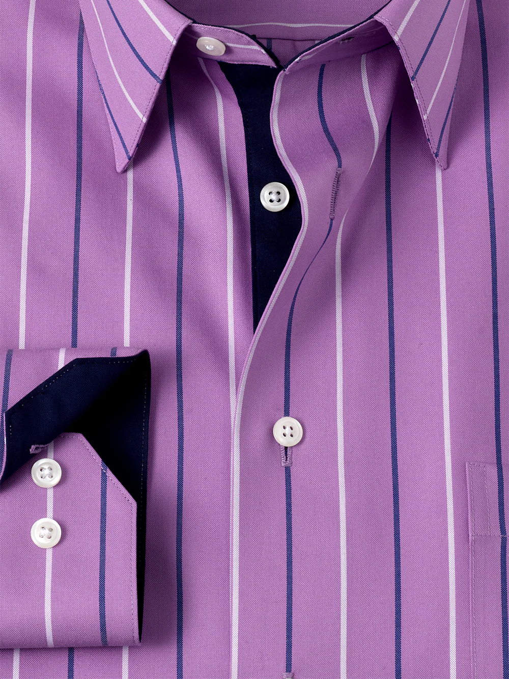 Non-Iron Cotton Stripe Dress Shirt With Contrast Trim - Purple - Image 6
