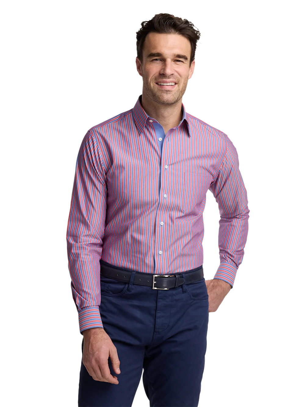 Non-Iron Cotton Stripe Dress Shirt With Contrast Trim - Blue/red - Image 2
