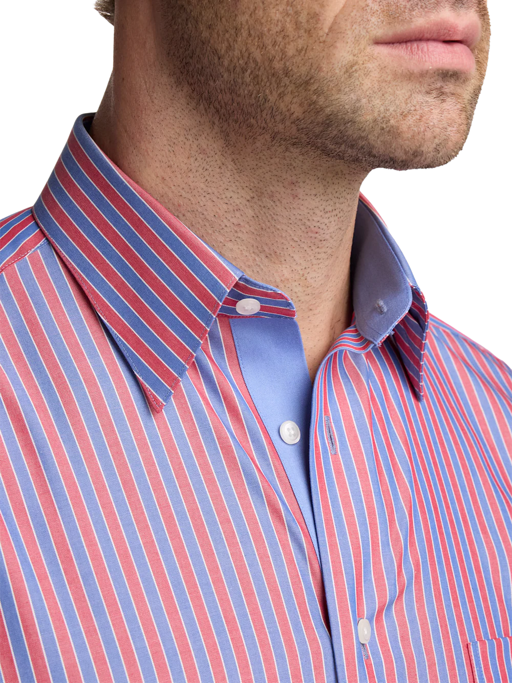 Non-Iron Cotton Stripe Dress Shirt With Contrast Trim - Blue/red - Image 3