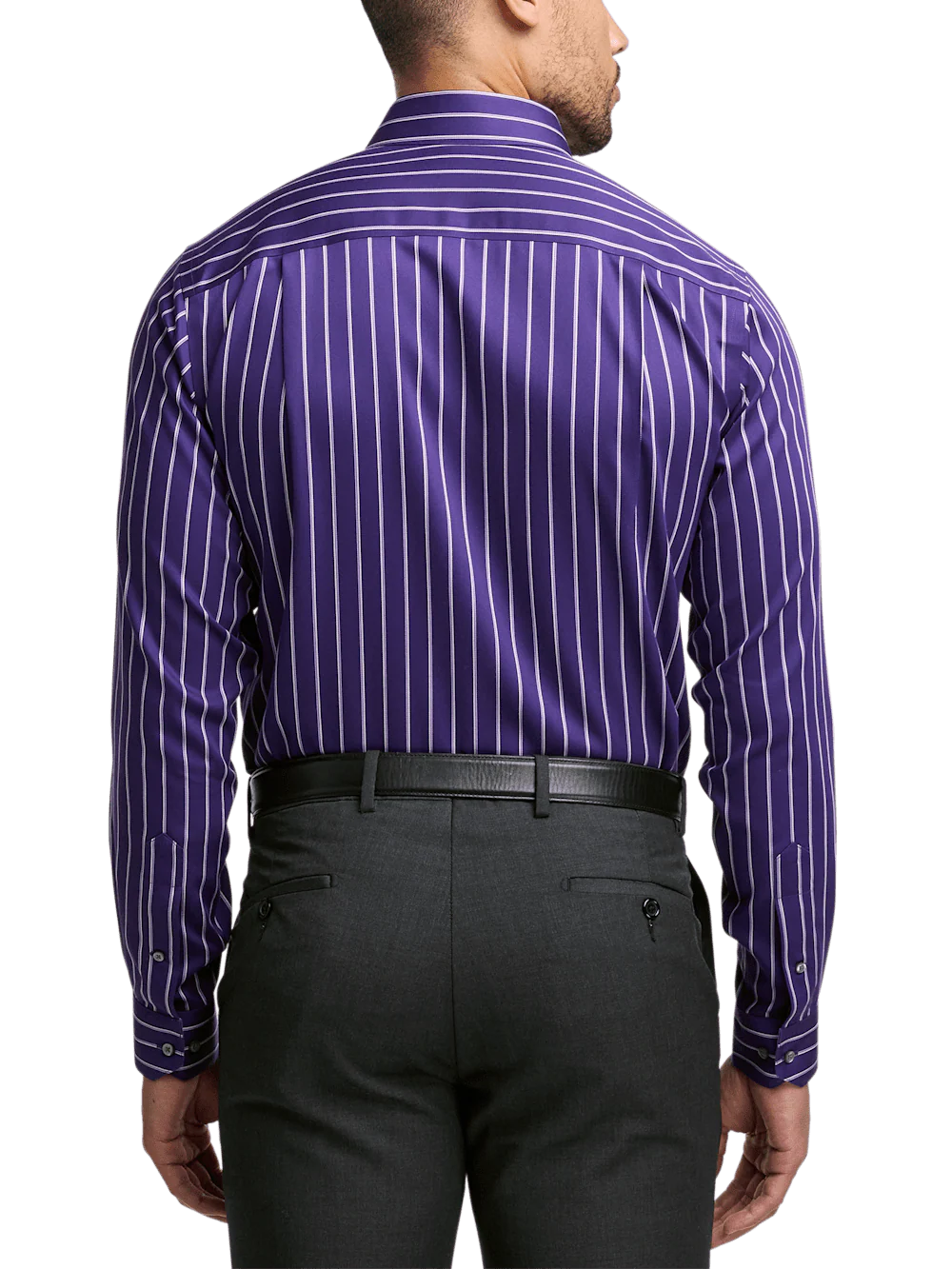 Non-Iron Cotton Stripe Dress Shirt With Contrast Trim - Purple - Image 5