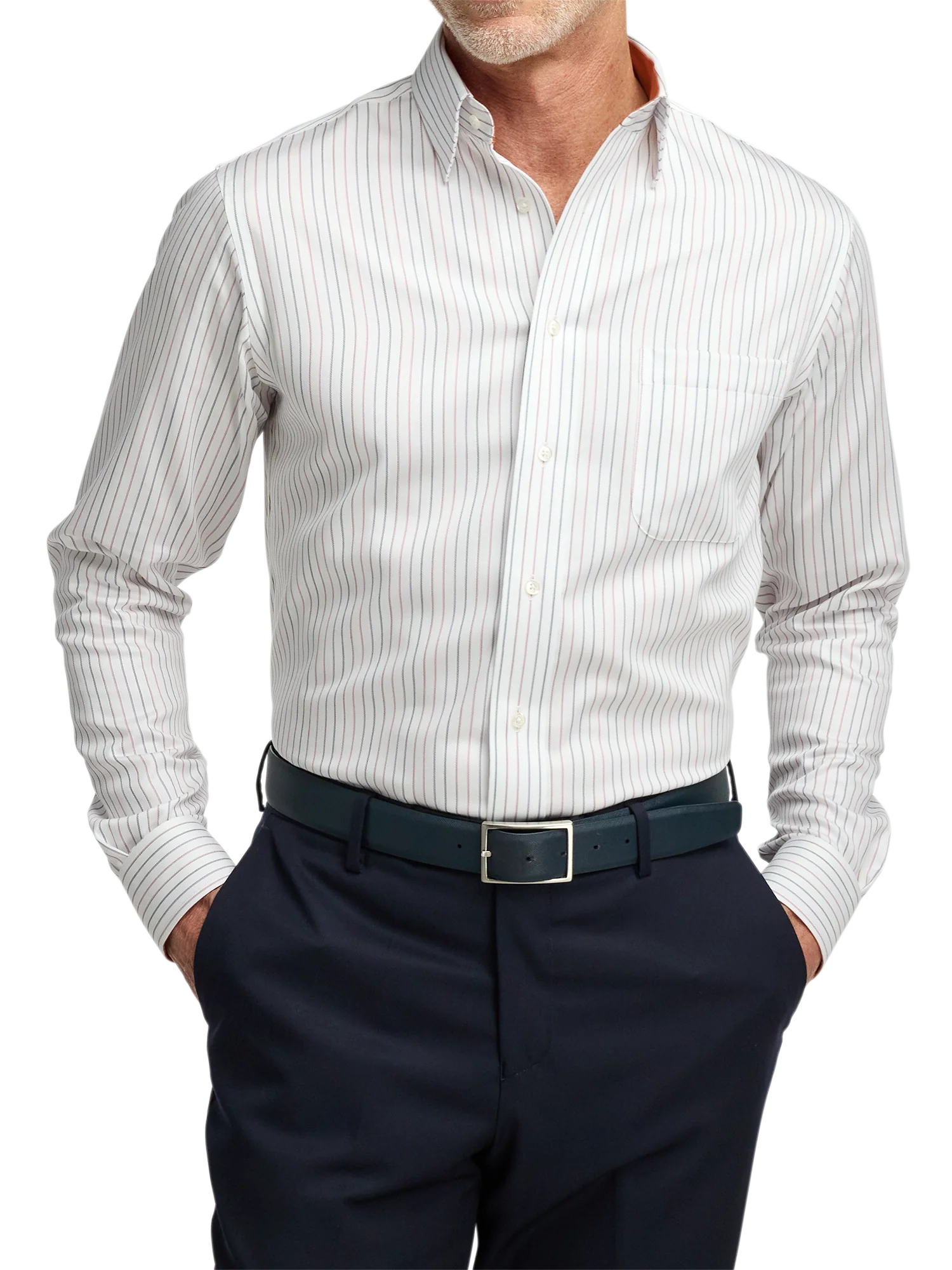 Non-Iron Cotton Stripe Dress Shirt With Contrast Trim - White Multi - Image 2